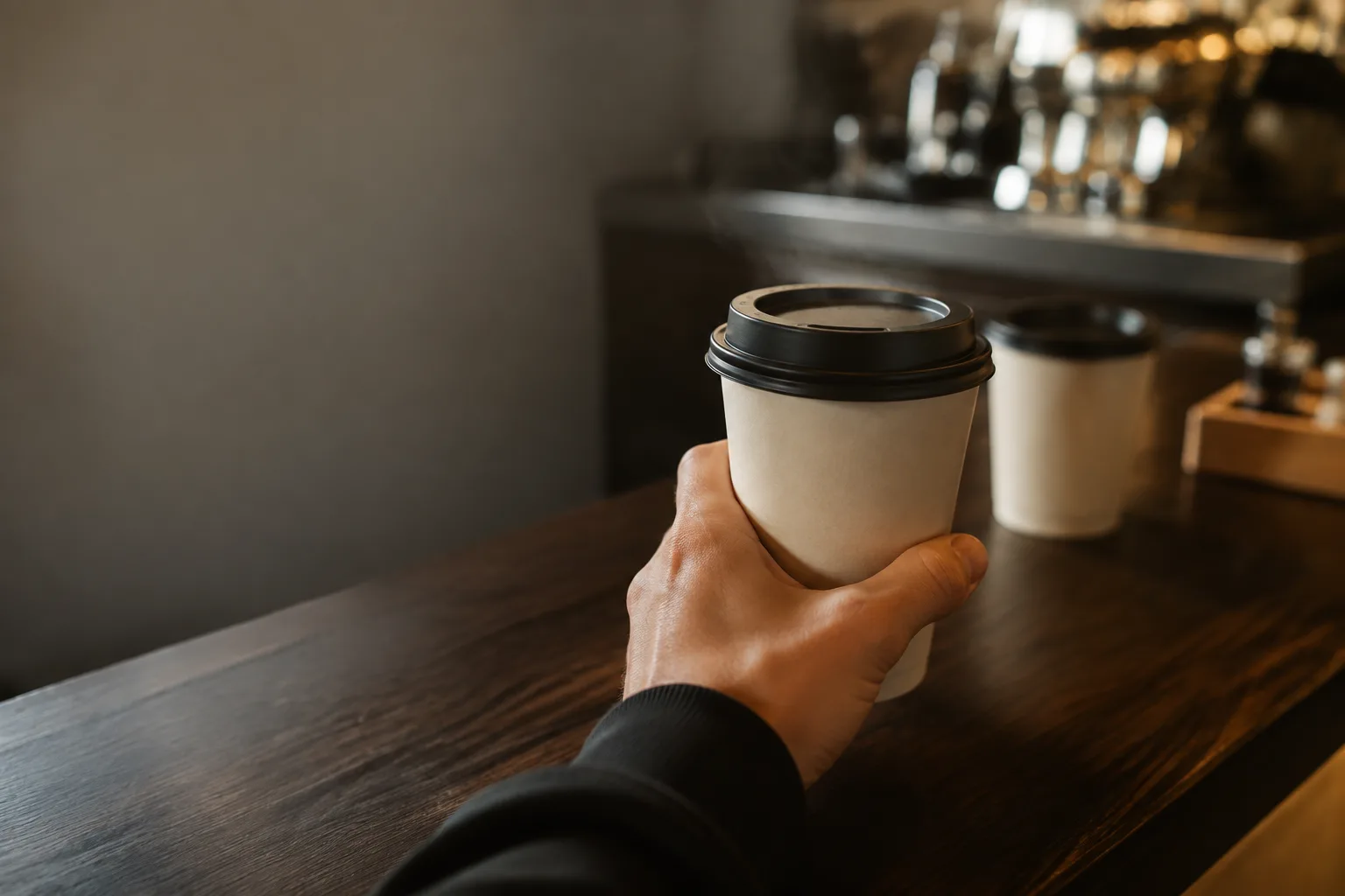 手拿加蓋的外帶咖啡杯
