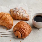 一杯黑咖啡與原味、杏仁及巧克力可頌放在淺色桌面
