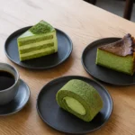 一杯黑咖啡與抹茶蛋糕、抹茶巴斯克及抹茶生乳捲放在木桌上