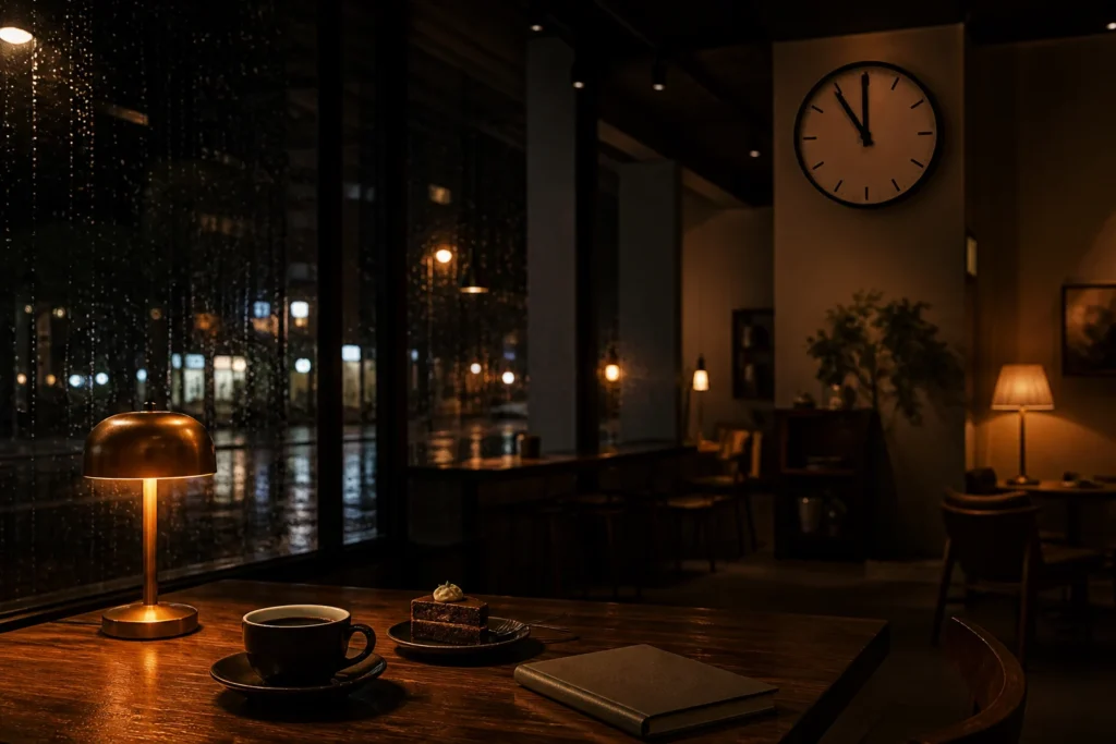 雨夜咖啡館裡的咖啡、蛋糕、筆記本與接近十一點的時鐘