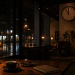 雨夜咖啡館裡的咖啡、蛋糕、筆記本與接近十一點的時鐘