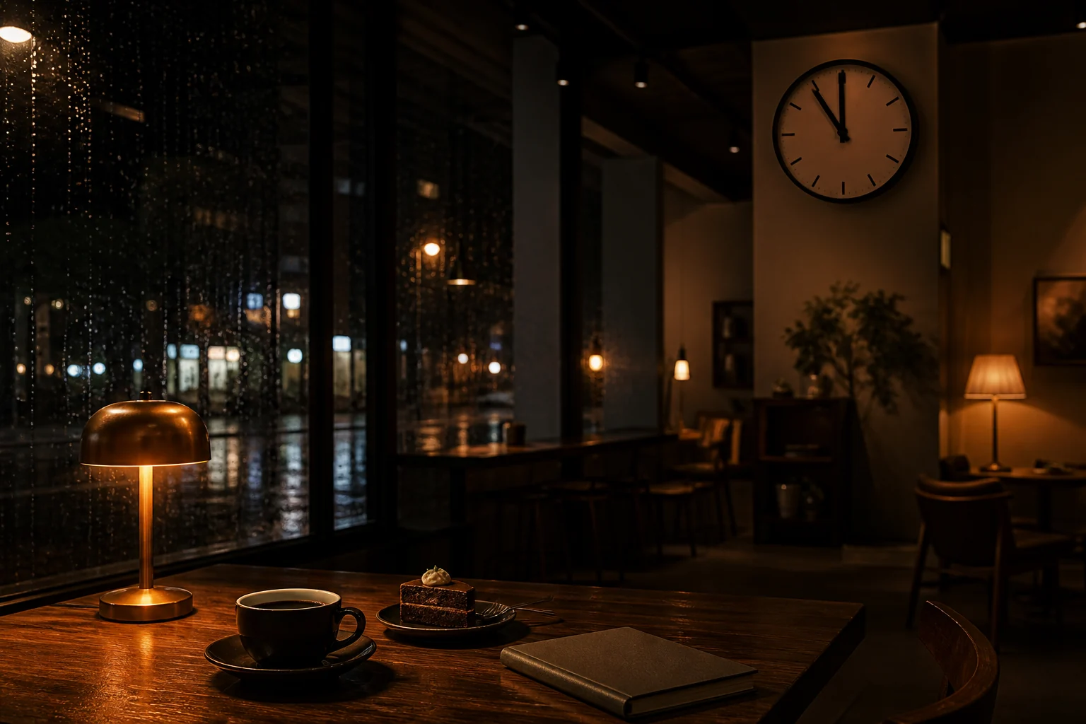 雨夜咖啡館裡的咖啡、蛋糕、筆記本與接近十一點的時鐘