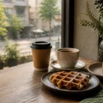 木桌上有外帶咖啡、黑咖啡、列日鬆餅與甜點，窗外是街景
