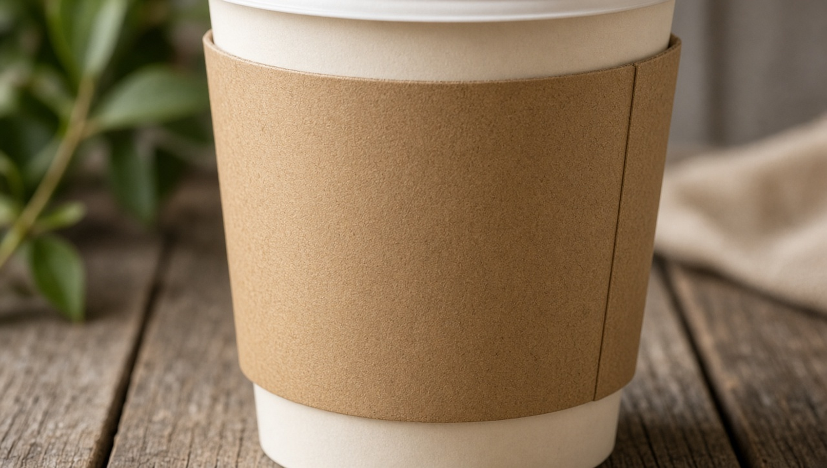 櫃檯旁疊放的外帶紙杯與杯套示意